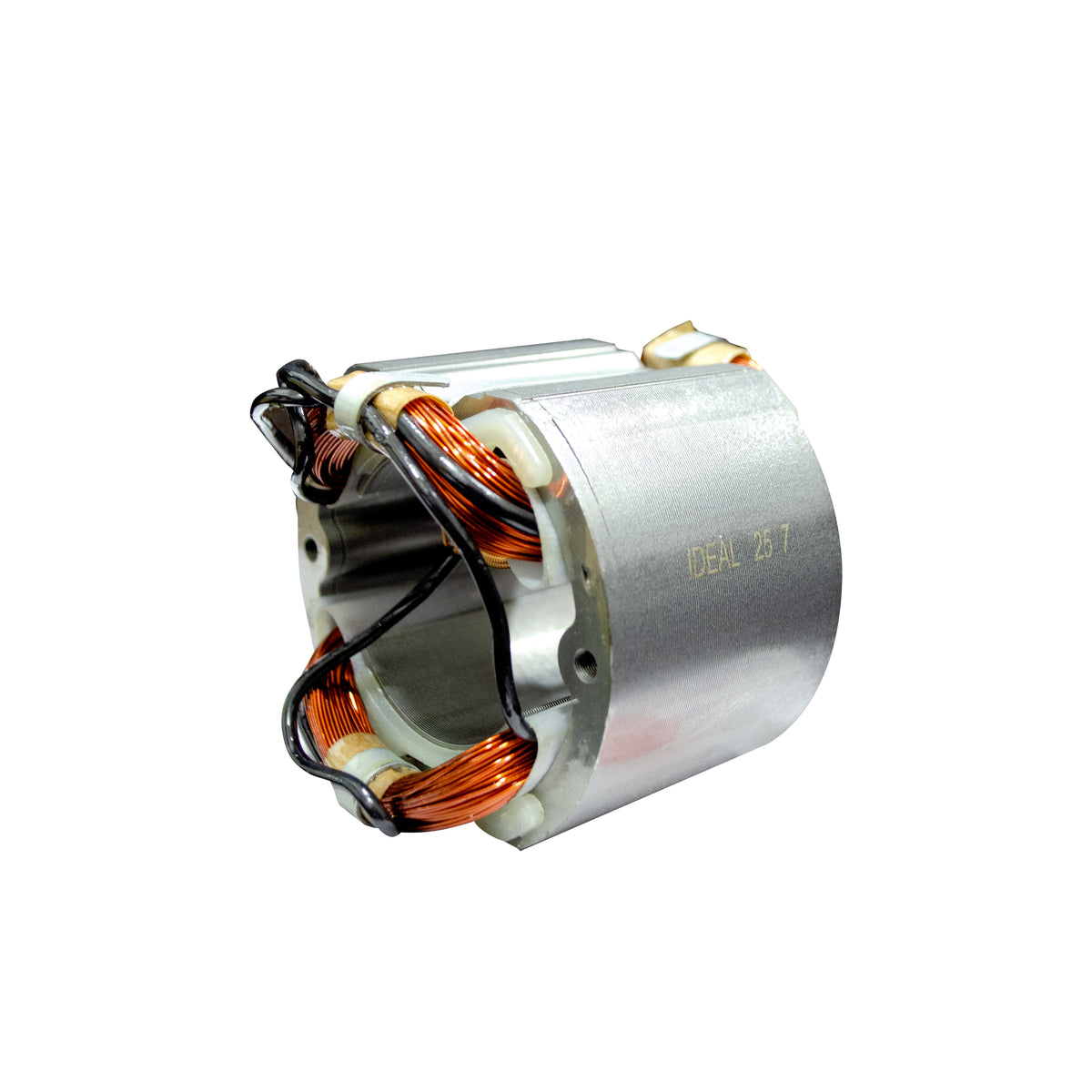 A coil with copper windings, black wire leads, and a silver metal core, isolated on a white background.