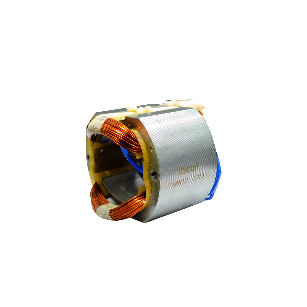 A coil component by Ideal, featuring a silver metal core, copper coils, and blue wire leads, isolated on a white background.