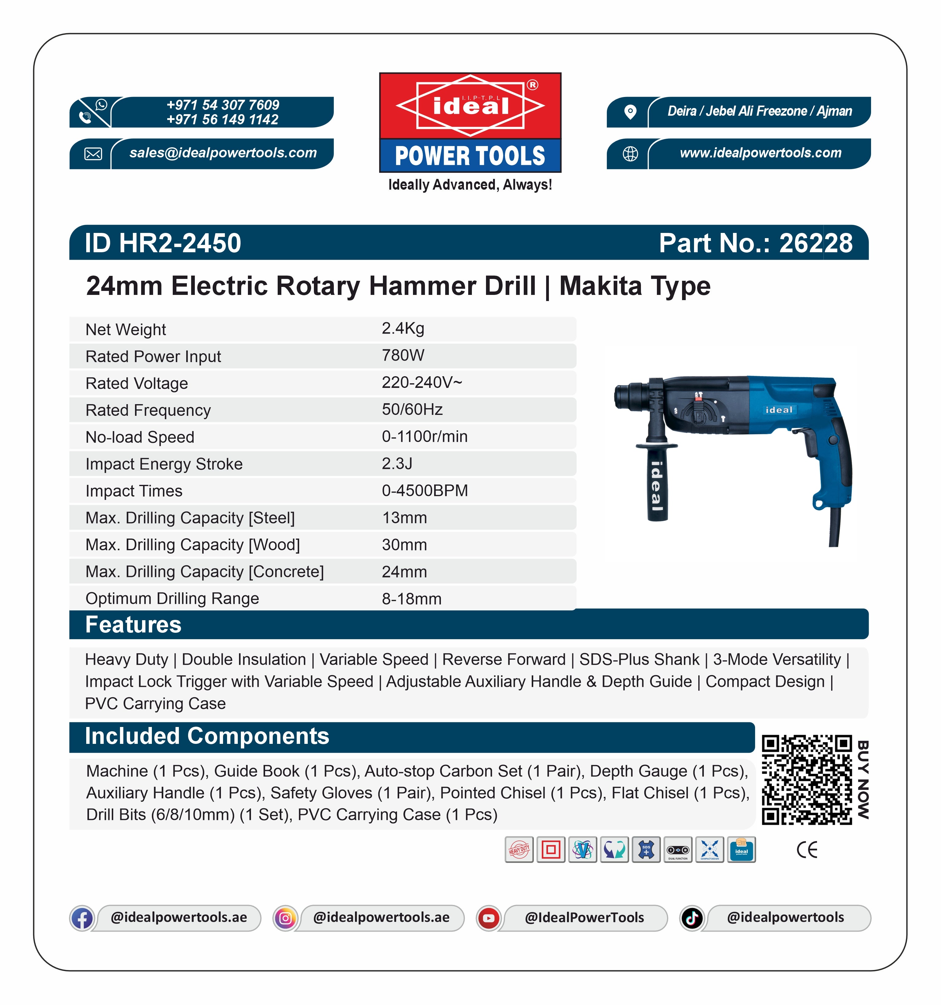ID HR2-2450 ELECTRIC ROTARY HAMMER DRILL MACHINE [G-240V] [Makita Type] - 26228