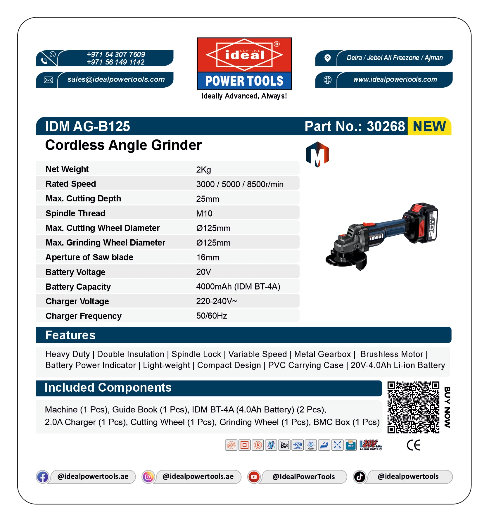 IDM AG-B125 [4.0A-20V] CORDLESS ANGLE GRINDER MACHINE [CORDLESS KIT - (INC. BATTERY (2PCS) | CHARGER | ACCESSORY) [G - 240V]] [Makita Type] - 30268