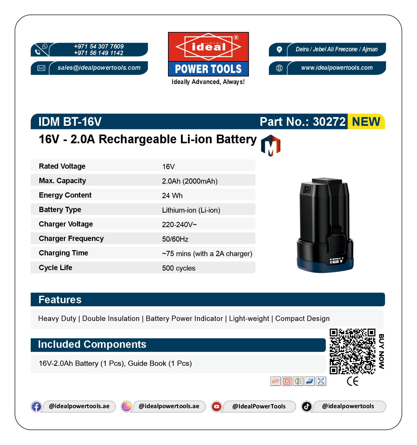 IDEAL 2.0A-16V LI-ION BATTERY [2.0A-16V] [M-TYPE] GENERAL ACCESSORY [IDM BT-16V] - 30272