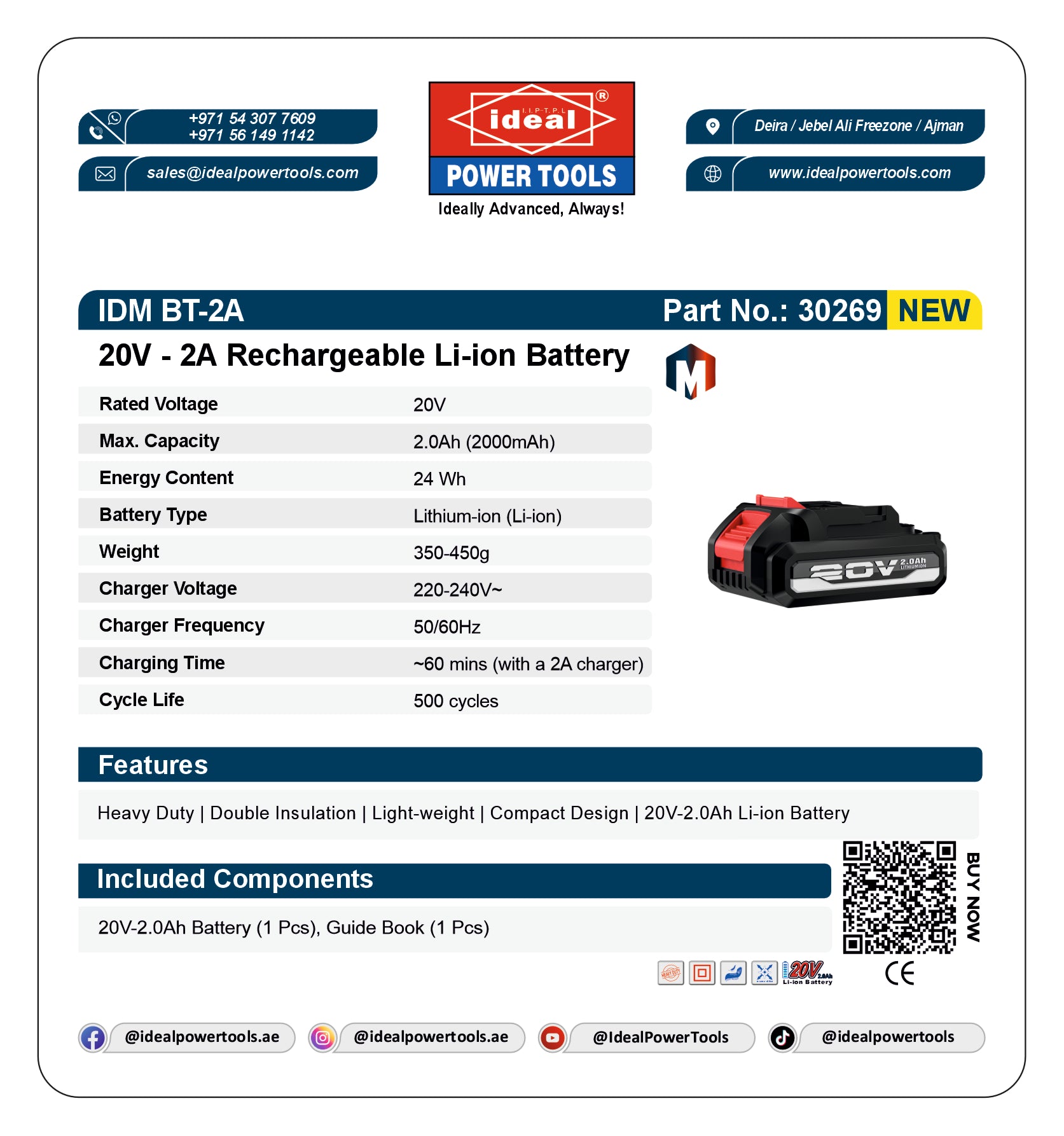 IDEAL 2A-20V LI-ION BATTERY [2.0A-20V] GENERAL ACCESSORY [IDM BT-2A] [Makita Type] - 30269