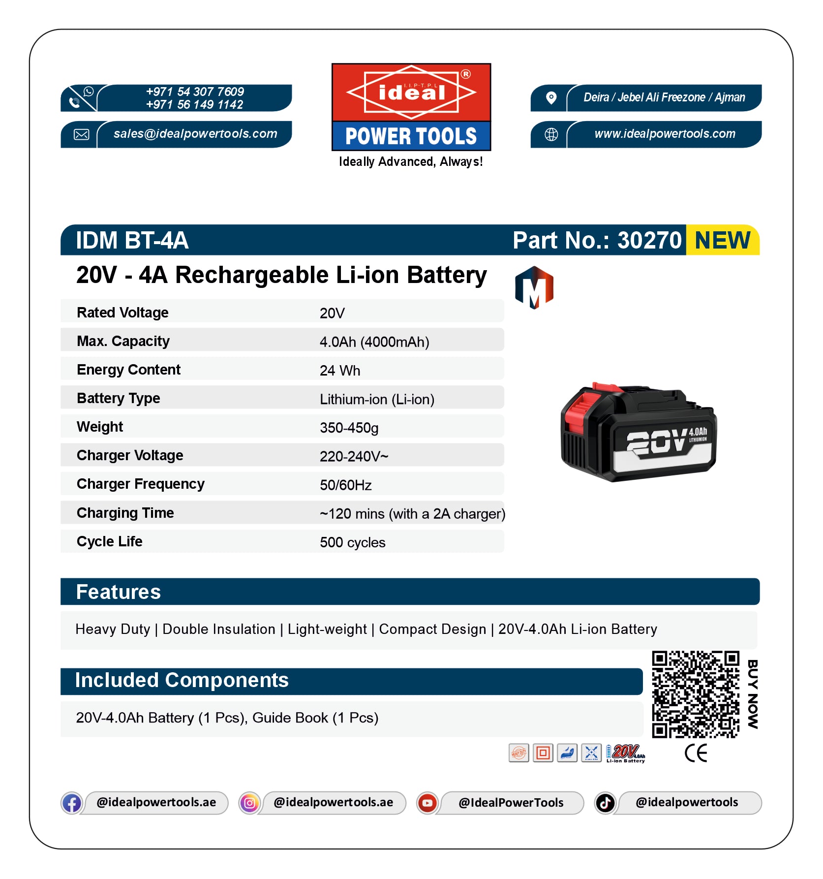 IDEAL 4A -20V LI-ION BATTERY [4.0A-20V] GENERAL ACCESSORY [IDM BT-4A] [Makita Type] - 30270
