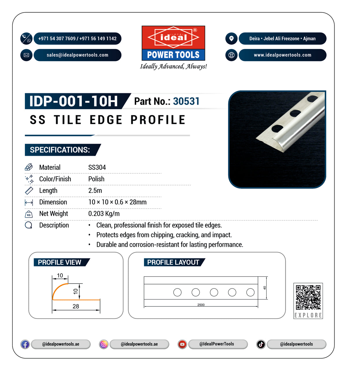 A product information card for the Ideal Power Tools SS Tile Edge Profile (IDP-001-10H, Part No. 30531).