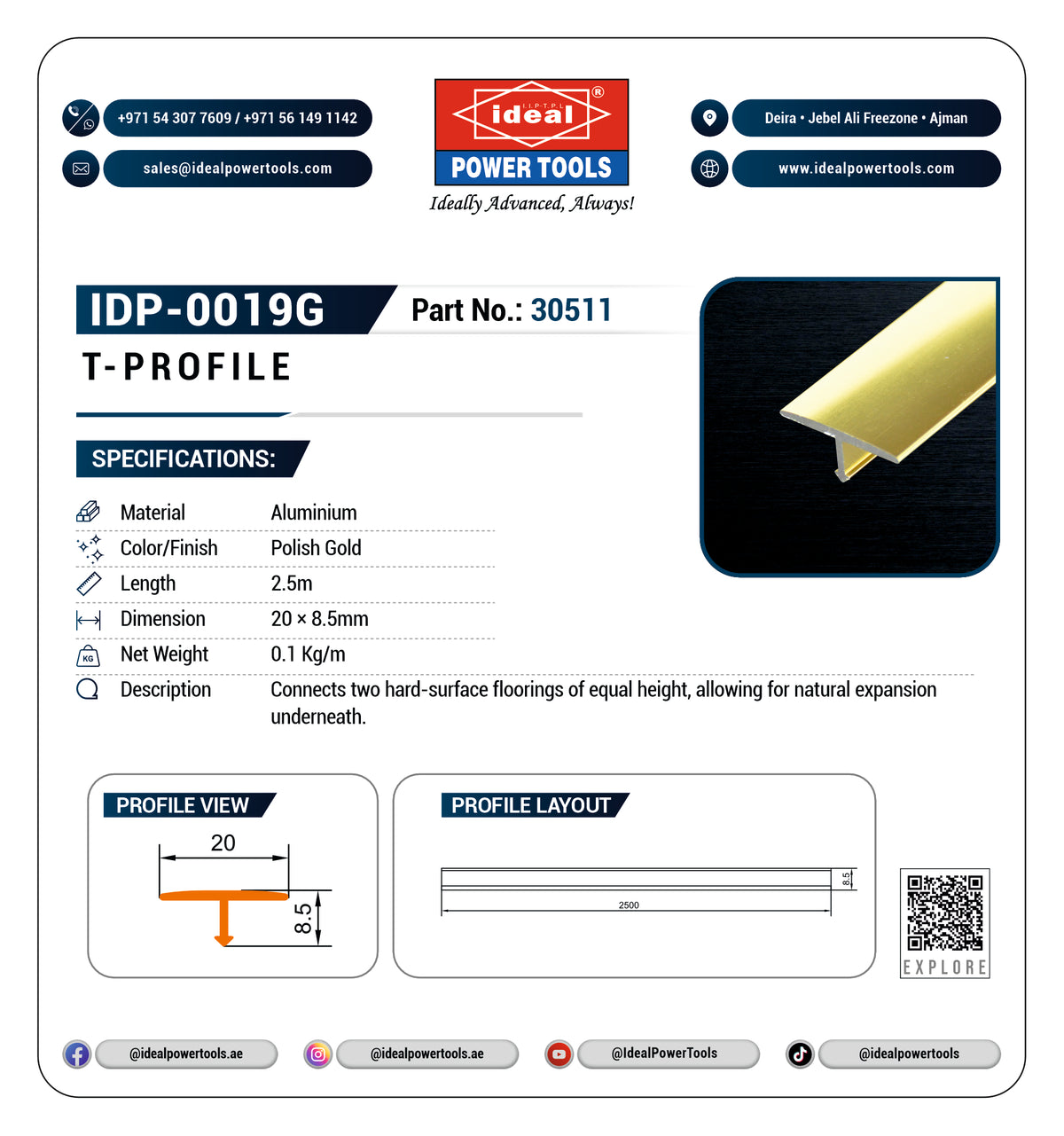 A technical specification sheet for an IDP-0019G T-PROFILE from Ideal Power Tools. The sheet includes product details and specifications 