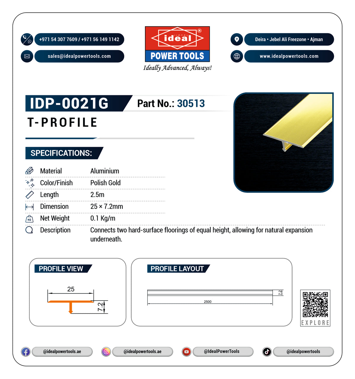 Technical specification sheet for an Ideal Power Tools T-Profile aluminum rod, part IDP-0021G. The sheet features product details, specifications, profile and layout diagrams, and a color swatch showing the polished gold finish.