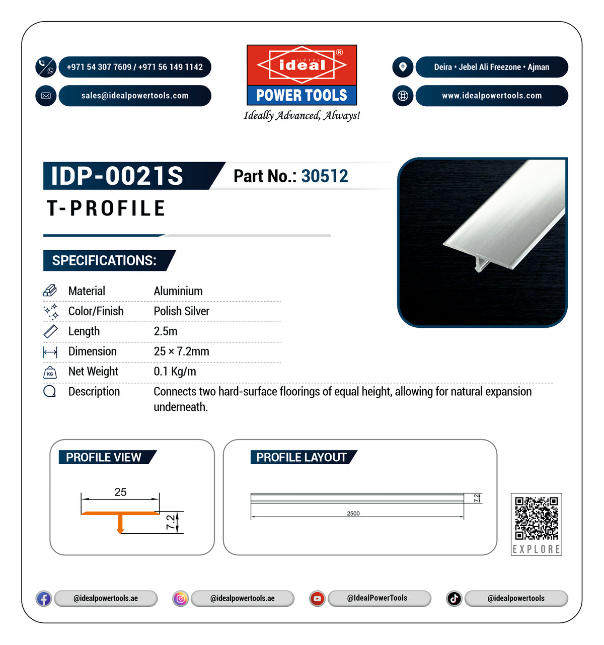Technical specification sheet for an IDP-0021S T-PROFILE aluminum connector, showing product details, dimensions, profile views, and layout on a white background with Ideal Power Tools branding.