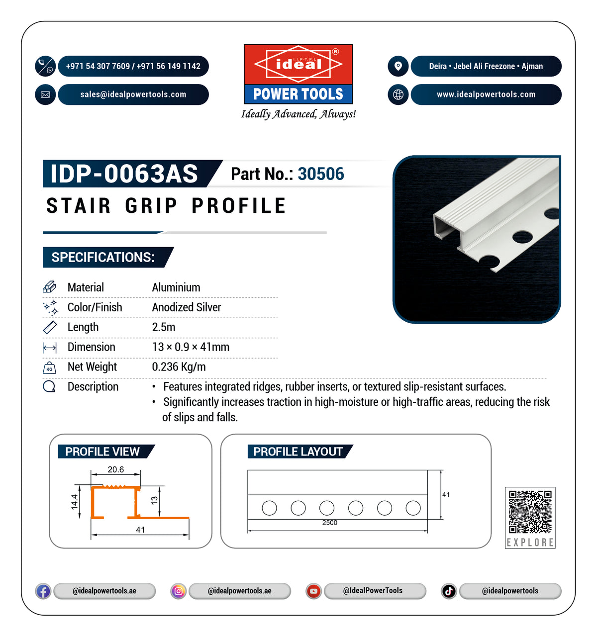 A technical specification sheet for the Ideal Power Tools Stair Grip Profile (IDP-0063AS, Part No. 30506).