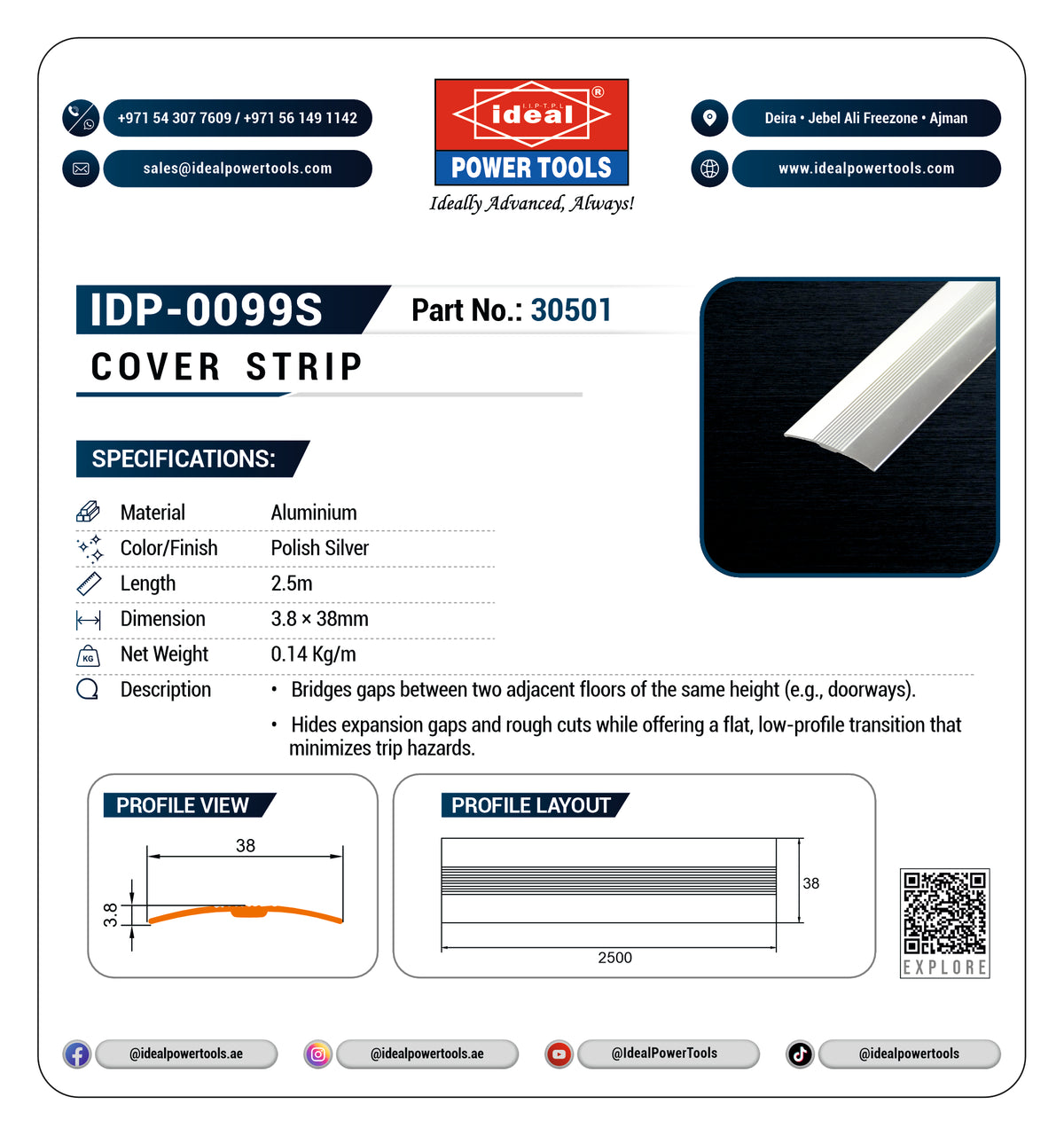 Technical specification sheet for the Ideal Power Tools IDP-0099S Cover Strip, showing product details, dimensions, profile views, and a small product photo of the silver aluminum strip.