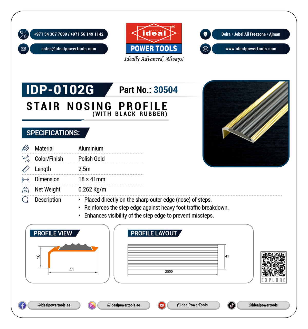 A product information sheet for the Ideal Power Tools Stair Nosing Profile (IDP-0102G, part number 30504). The sheet features the brand logo, product specifications.
