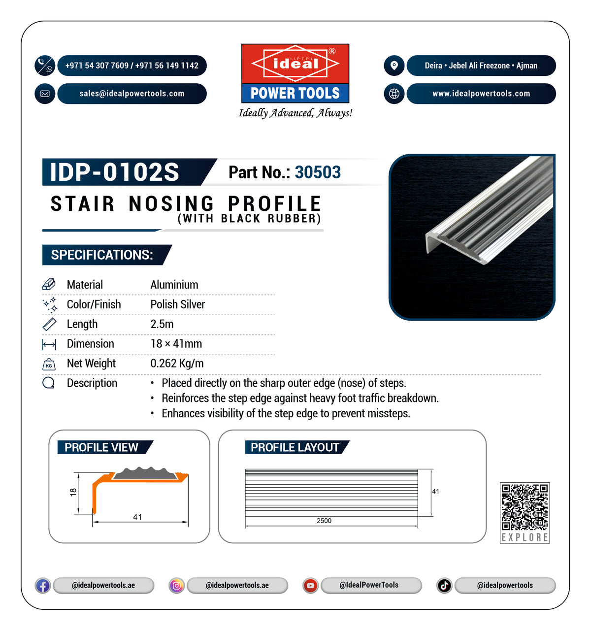 A product information card for the Ideal Power Tools Stair Nosing Profile (IDP-0102S, Part No. 30503).