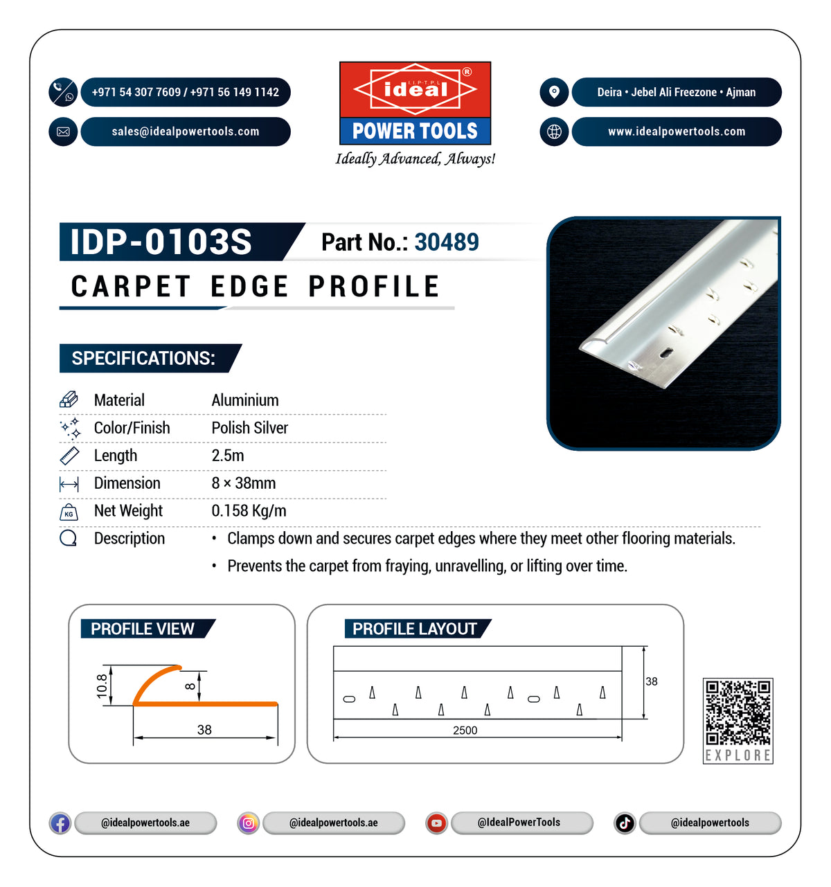 A product specification sheet for the Ideal Power Tools IDP-0103S Carpet Edge Profile, showing the part number, specifications, profile view and layout diagrams, contact details, and a QR code on a white background.