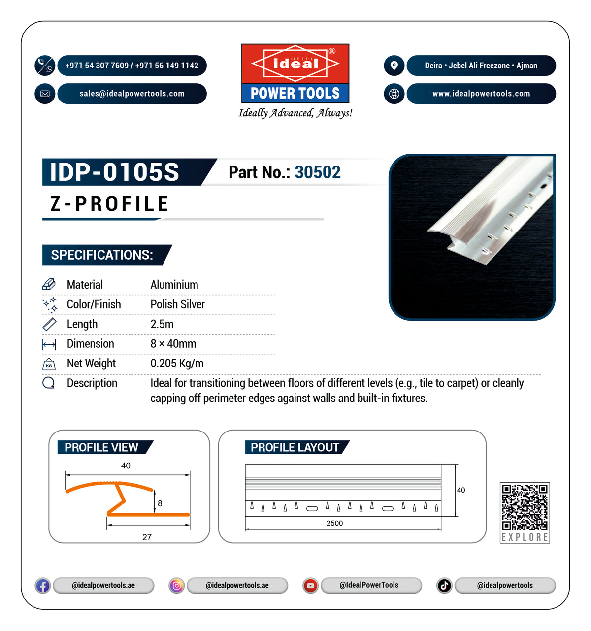 A technical specification sheet for the Ideal Power Tools IDP-0105S Z-PROFILE aluminum channel, showing product details, dimensions, and profile views on a white background.