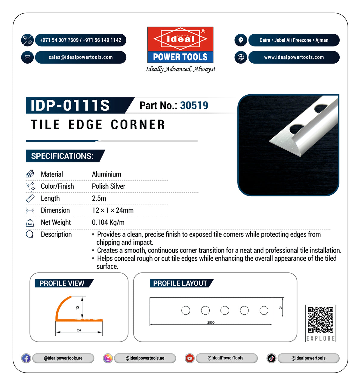 A product information card for the Ideal Power Tools IDP-0111S Tile Edge Corner, showing specifications, dimensions, profile views, and a small product photo of a polished silver metal corner piece on a white background.