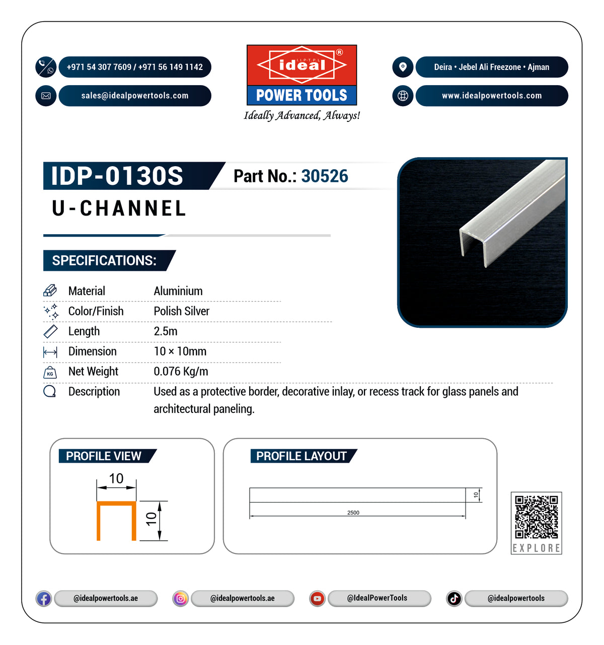 A product information card for Ideal Power Tools IDP-0130S U-Channel aluminium profile, showing specifications, dimensions, profile views, and a photo of the silver aluminium channel on a black background.