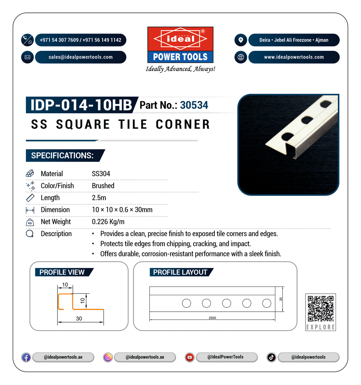 A product information card for Ideal Power Tools IDP-014-10HB U-Channel aluminium profile, showing specifications, dimensions, profile views, and a photo of the silver aluminium channel on a black background.