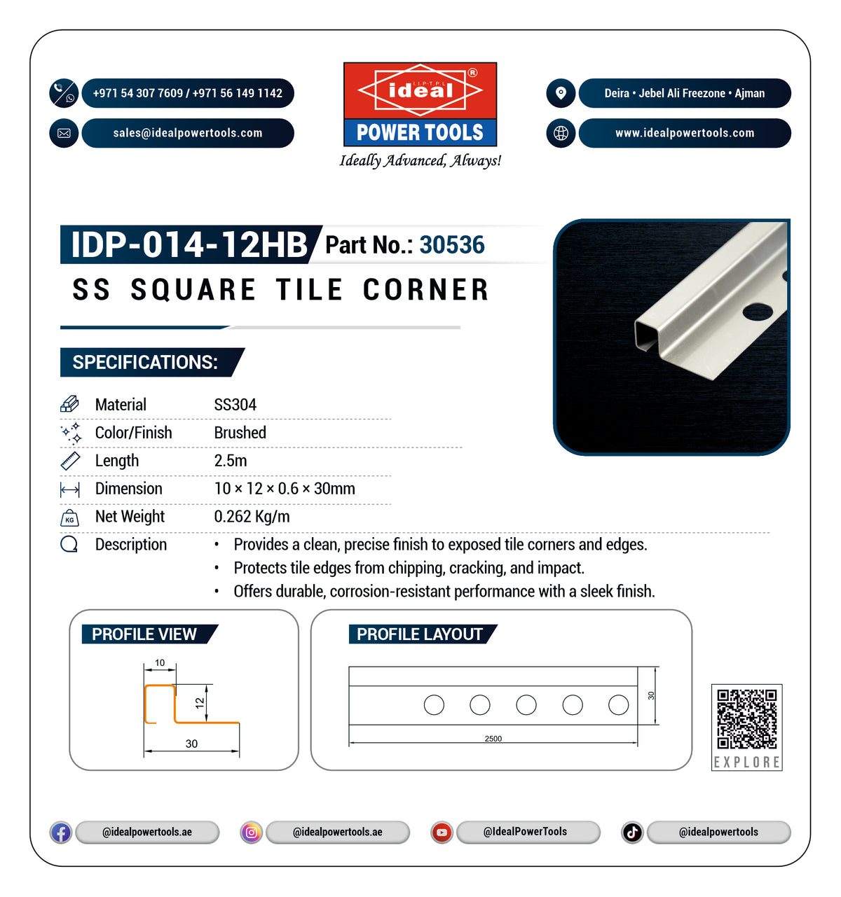 A product information card for an Ideal Power Tools SS Square Tile Corner (IDP-014-12HB, Part No. 30536).