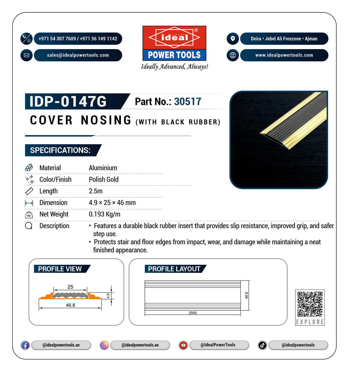 A product information card for an Ideal Power Tools cover nosing part, part number 30517. The card features the Ideal Power Tools logo, product specifications.