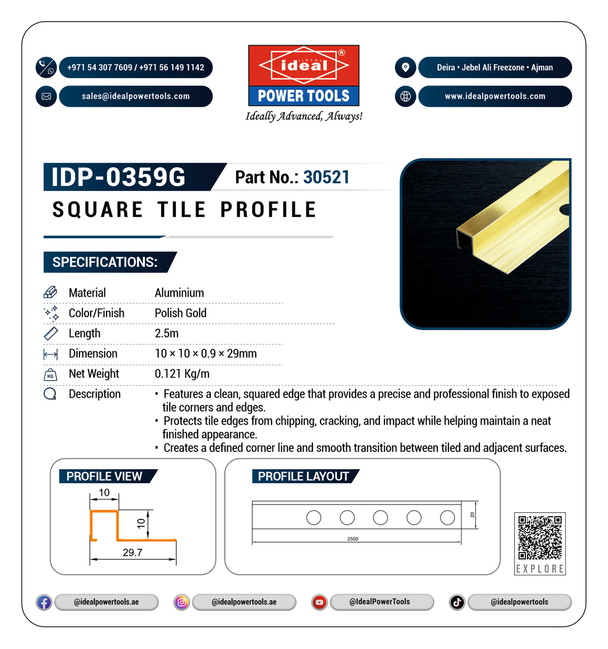 A product specification sheet for the Ideal Power Tools Square Tile Profile (IDP-0359G, Part No. 30521).