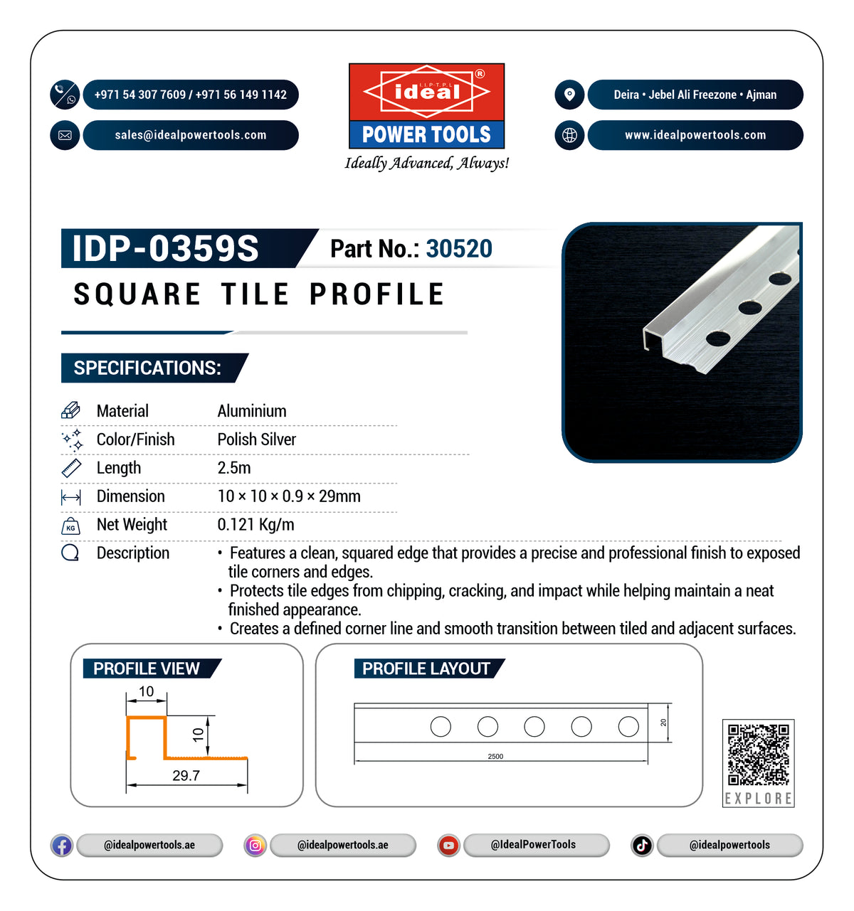 A product information card for the Ideal Power Tools IDP-0359S Tile Edge Corner, showing specifications, dimensions, profile views, and a small product photo of a polished silver metal corner piece on a white background.
