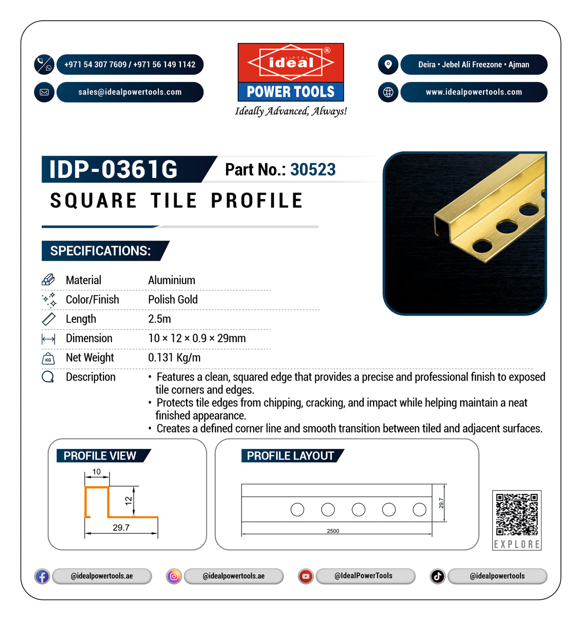 A technical specification sheet for an Ideal Power Tools Square Tile Profile (IDP-0361G, Part No. 30523).