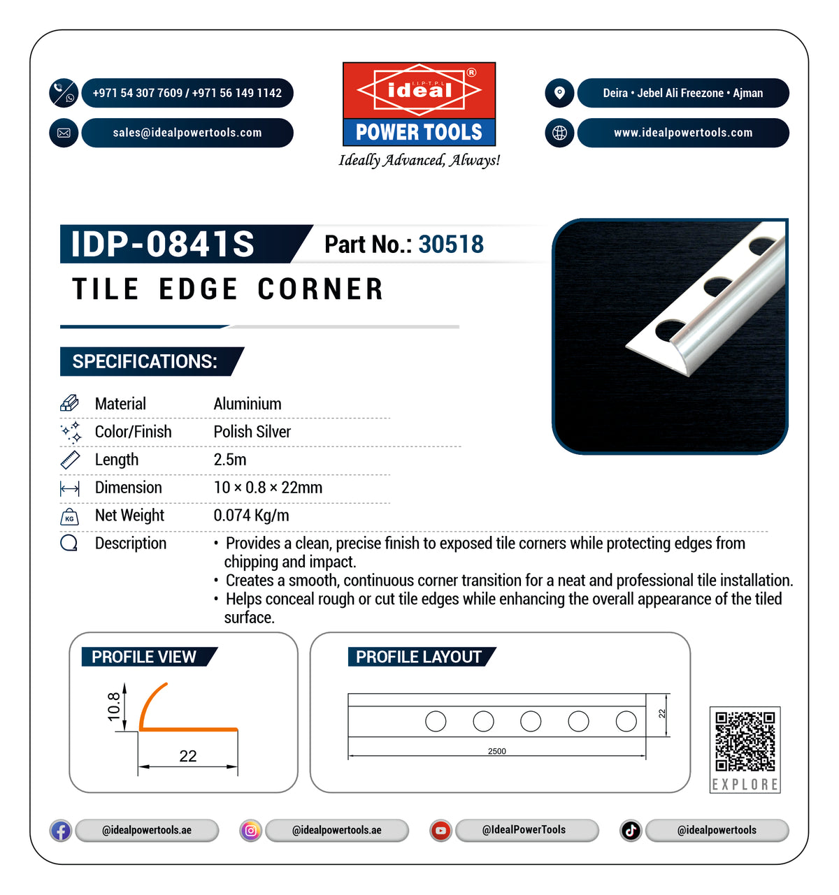 A product information card for an Ideal Power Tools Tile Edge Corner (IDP-0841S, Part No. 30518).