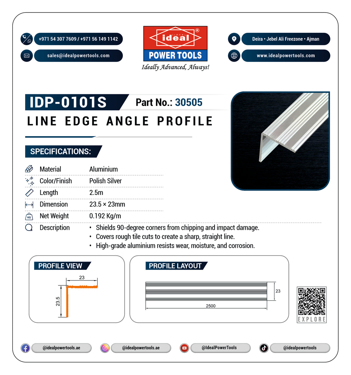 A technical specification sheet for the Ideal Power Tools IDP-0101S Line Edge Angle Profile. The sheet features the brand logo, product details and specifications