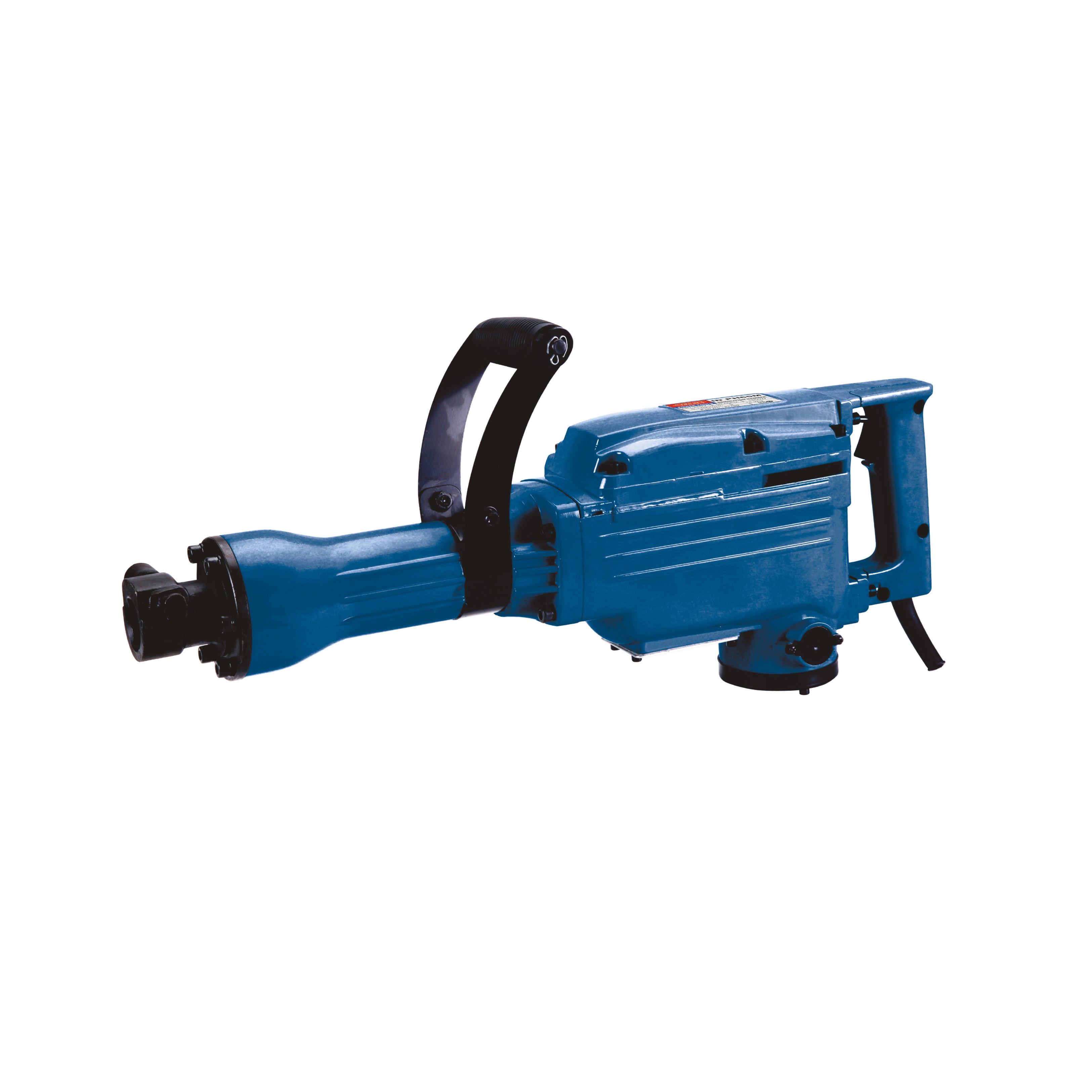 A blue and black jackhammer drill with a long cylindrical attachment, shown from a side profile on a solid white background.