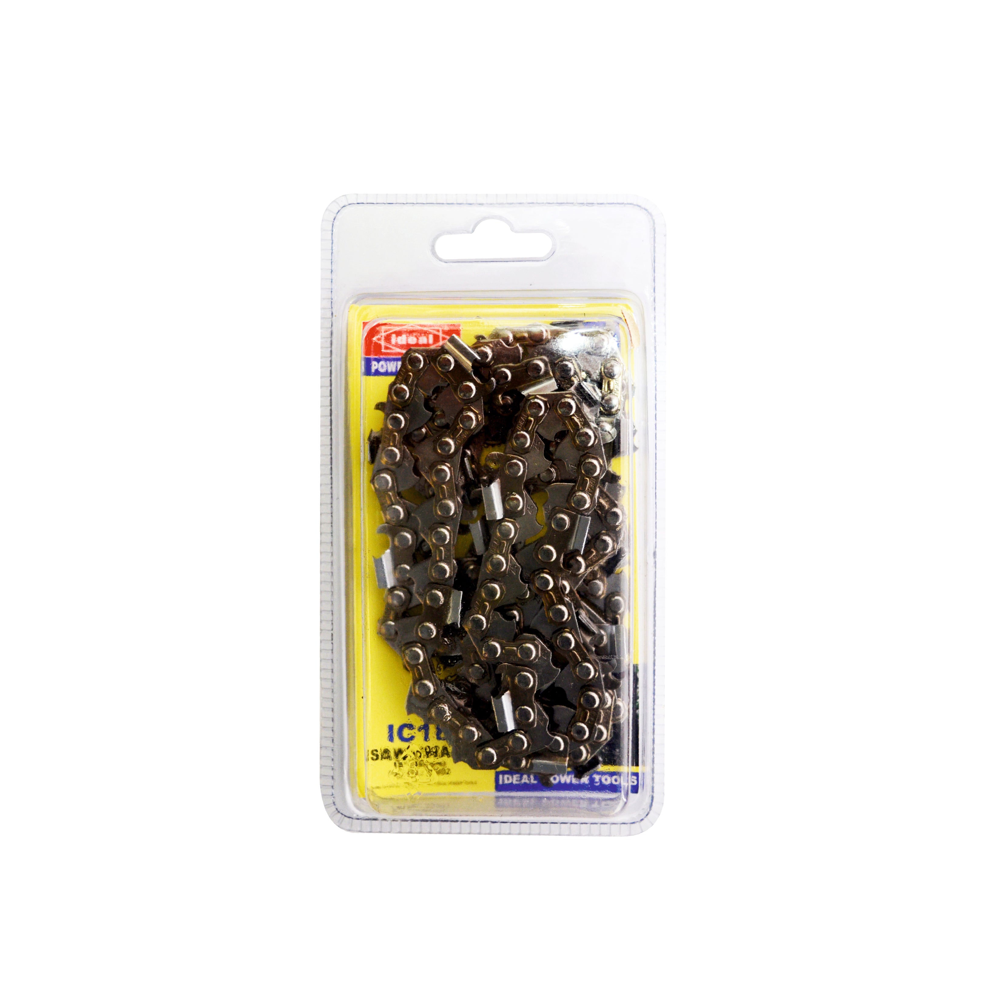 A packaged chainsaw chain with a black and silver link design, sealed in a clear plastic blister pack with a yellow backing card. The brand 'Ideal' is visible in the top left of the card.