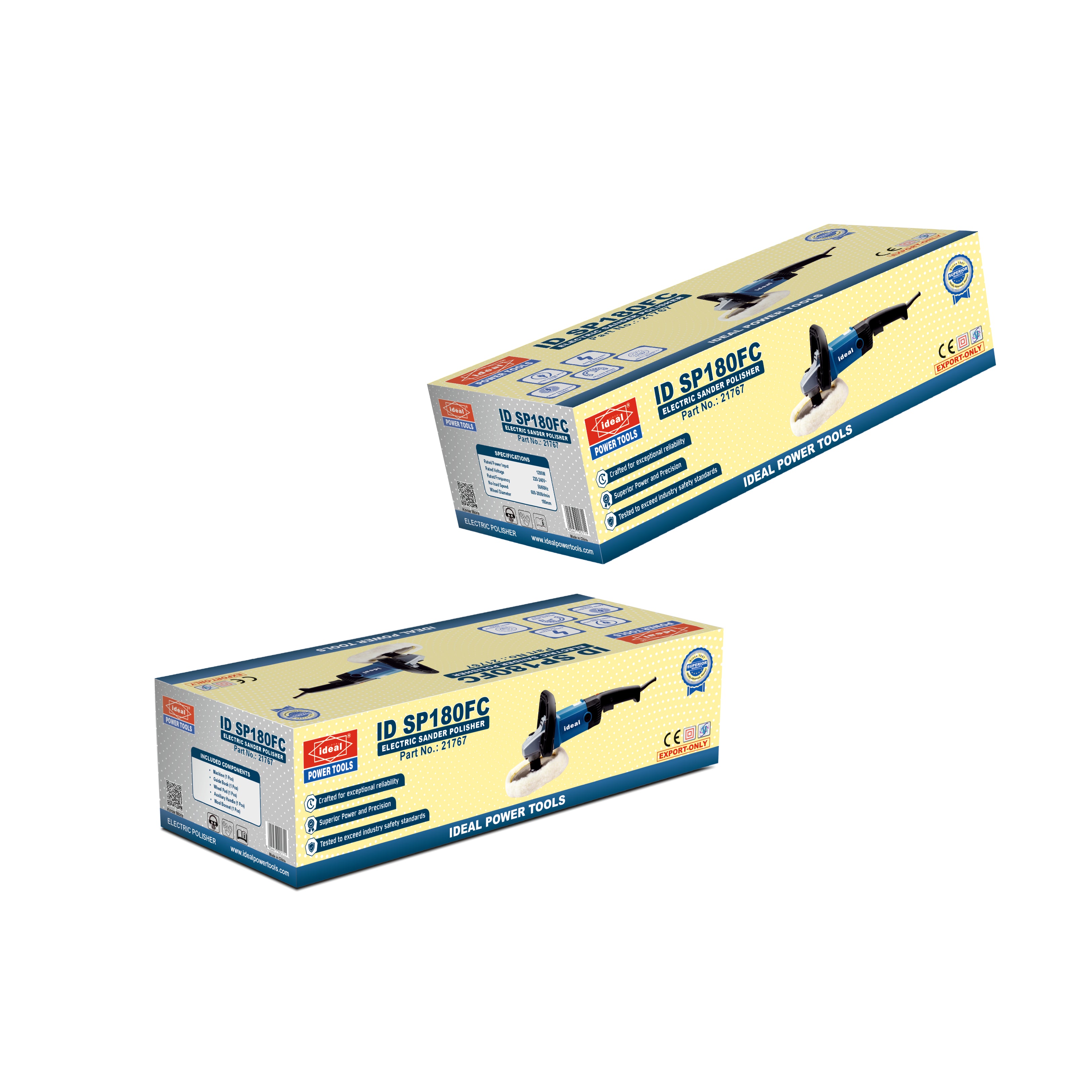 Two identical retail boxes for an electrical polisher tool, shown on a plain white background. The packaging is primarily light yellow with blue and red branding, and features a photo of the blue and black angle grinder on the side.