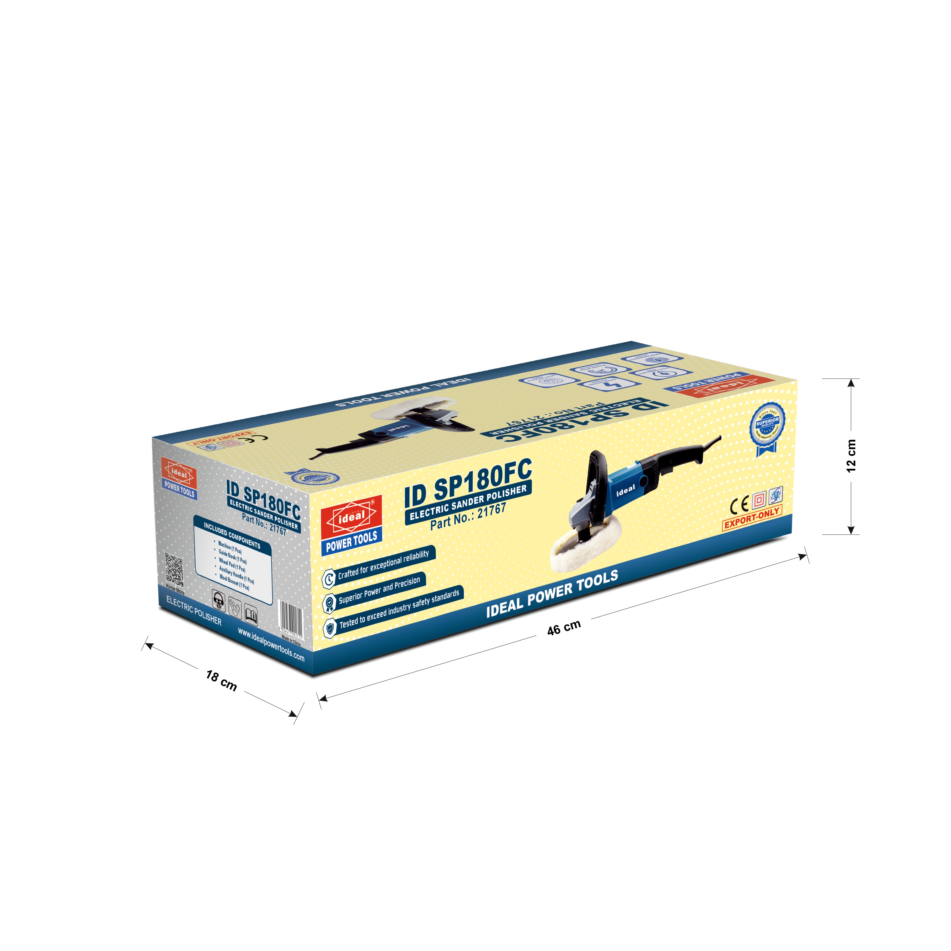 A yellow and blue retail box for an Electric polisher tool, shown on a white background with dimension lines indicating 40 cm length, 18 cm width, and 12 cm height.