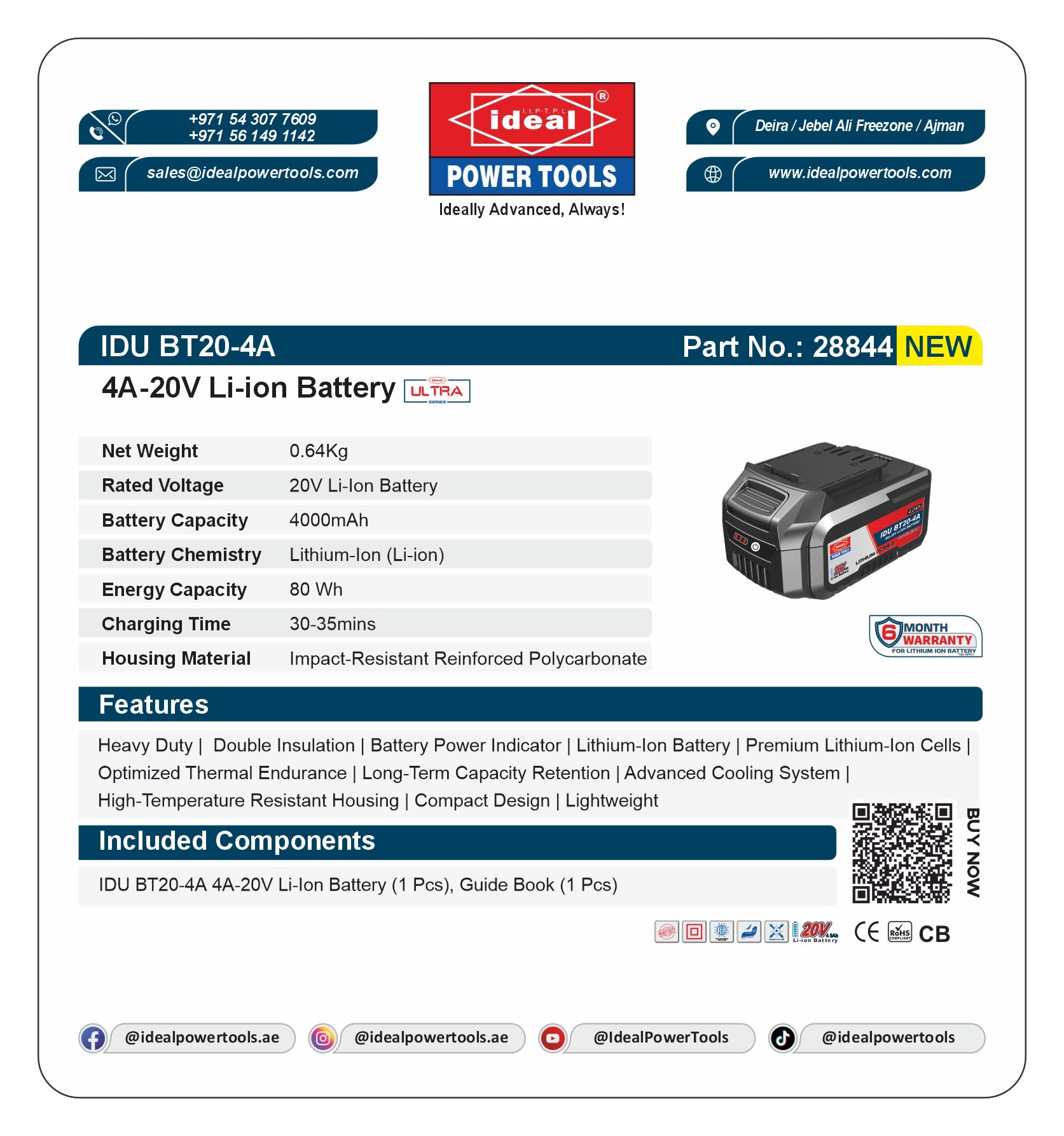 IDEAL ULTRA CORDLESS BATTERY [IDU BT20-4A] [4A-20V LI-ION] GENERAL ACCESSORY - 28844