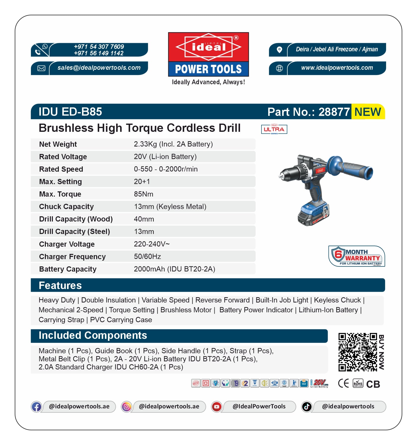 IDU ED-B85 BRUSHLESS HIGH TORQUE CORDLESS DRILL MACHINE [CORDLESS KIT - (INC. 2.0A-20V BATTERY {IDU BT20-2A} + 2.4V STANDARD CHARGER {IDU CH60-2A}) G-240V] - 28877