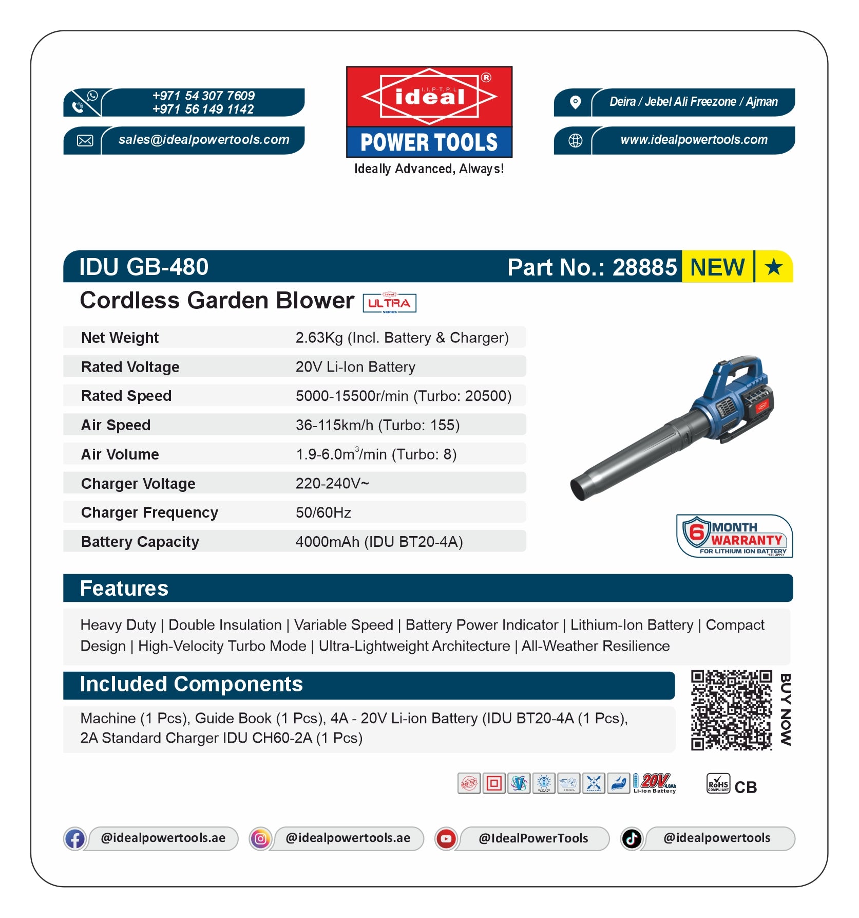 IDU GB-480 CORDLESS GARDEN BLOWER MACHINE [CORDLESS KIT - (INC. 4.0A-20V BATTERY {IDU BT20-4A} + 2.4V STANDARD CHARGER {IDU CH60-2A}) G-240V] - 28885