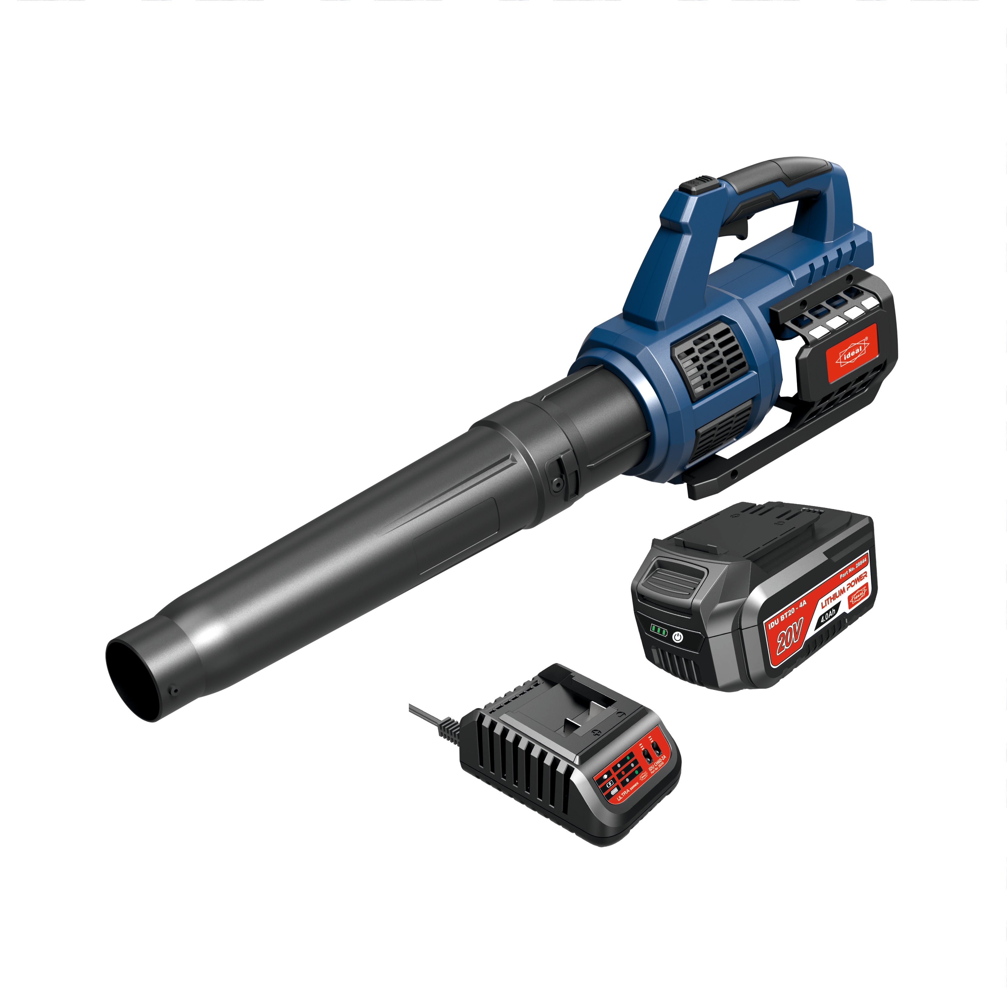 IDU GB‑480 cordless garden blower kit with two 20 V lithium-ion batteries and blower nozzle, shown in blue and black casing