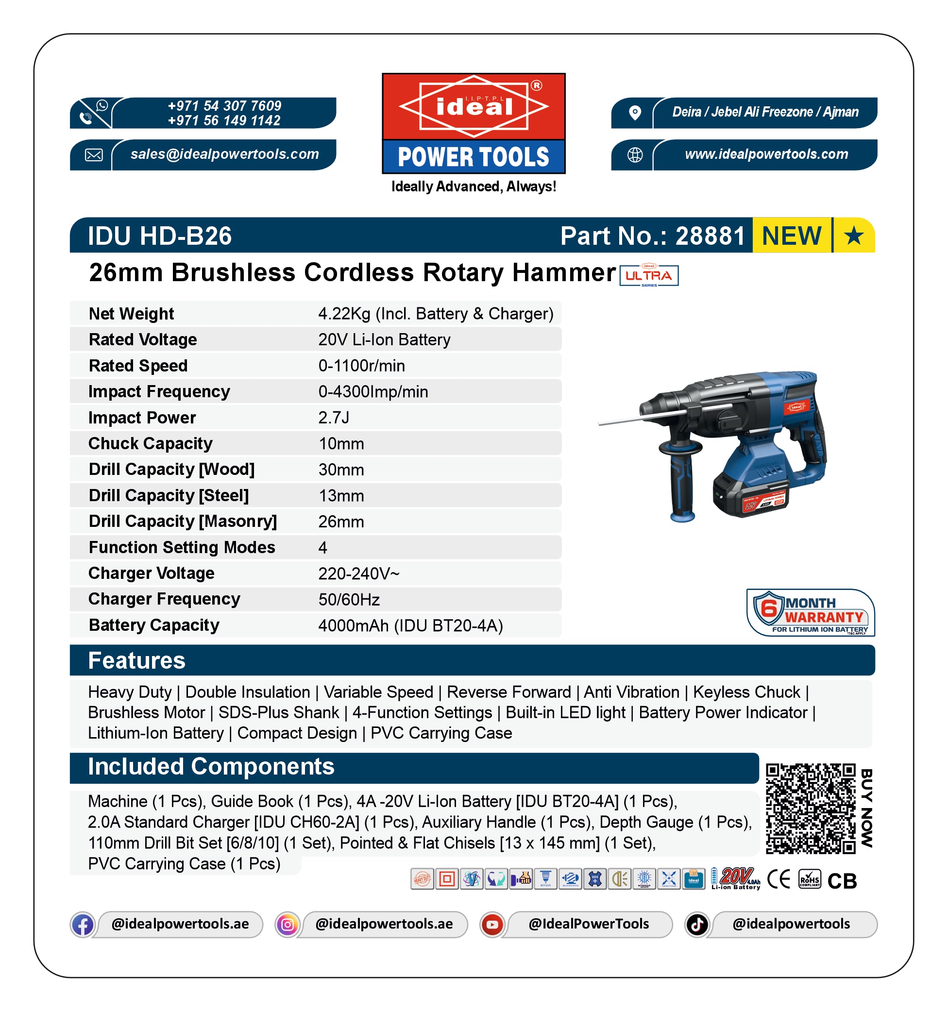 Ideal Power Tools IDU HD-B26 cordless rotary hammer with specifications and branding on a white background