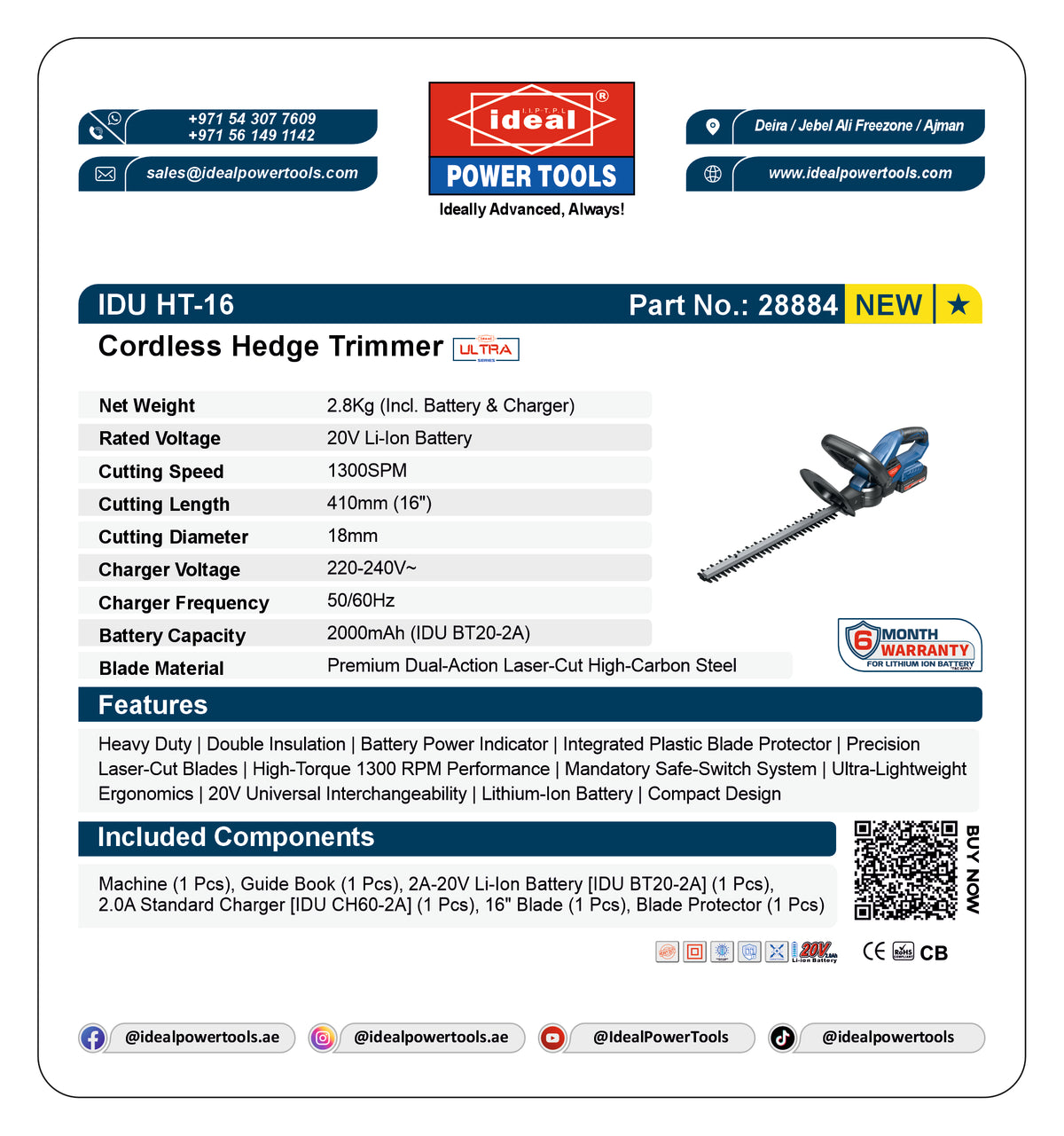 Product label for Ideal Power Tools cordless hedge trimmer with specifications and branding.