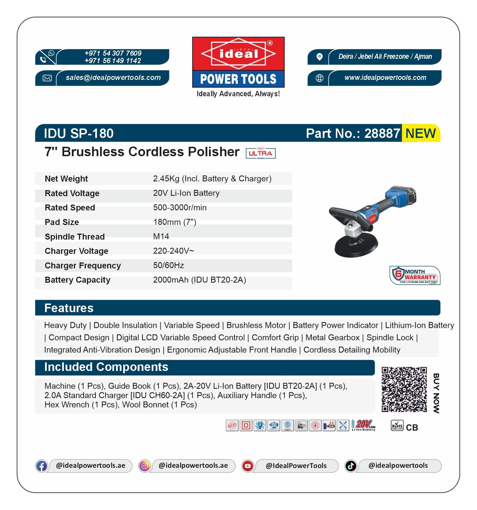 IDU SP-180 7" BRUSHLESS CORDLESS POLISHER MACHINE [CORDLESS KIT - (INC. 2.0A-20V BATTERY {IDU BT20-2A} + 2.4V STANDARD CHARGER {IDU CH60-2A}) G-240V] - 28887