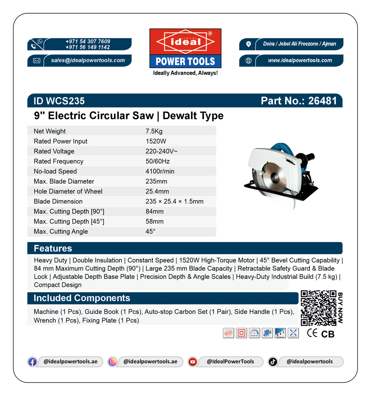 ID WCS235 9" ELECTRIC CIRCULAR SAW MACHINE [G-240V] [DeWalt Type] - 26481