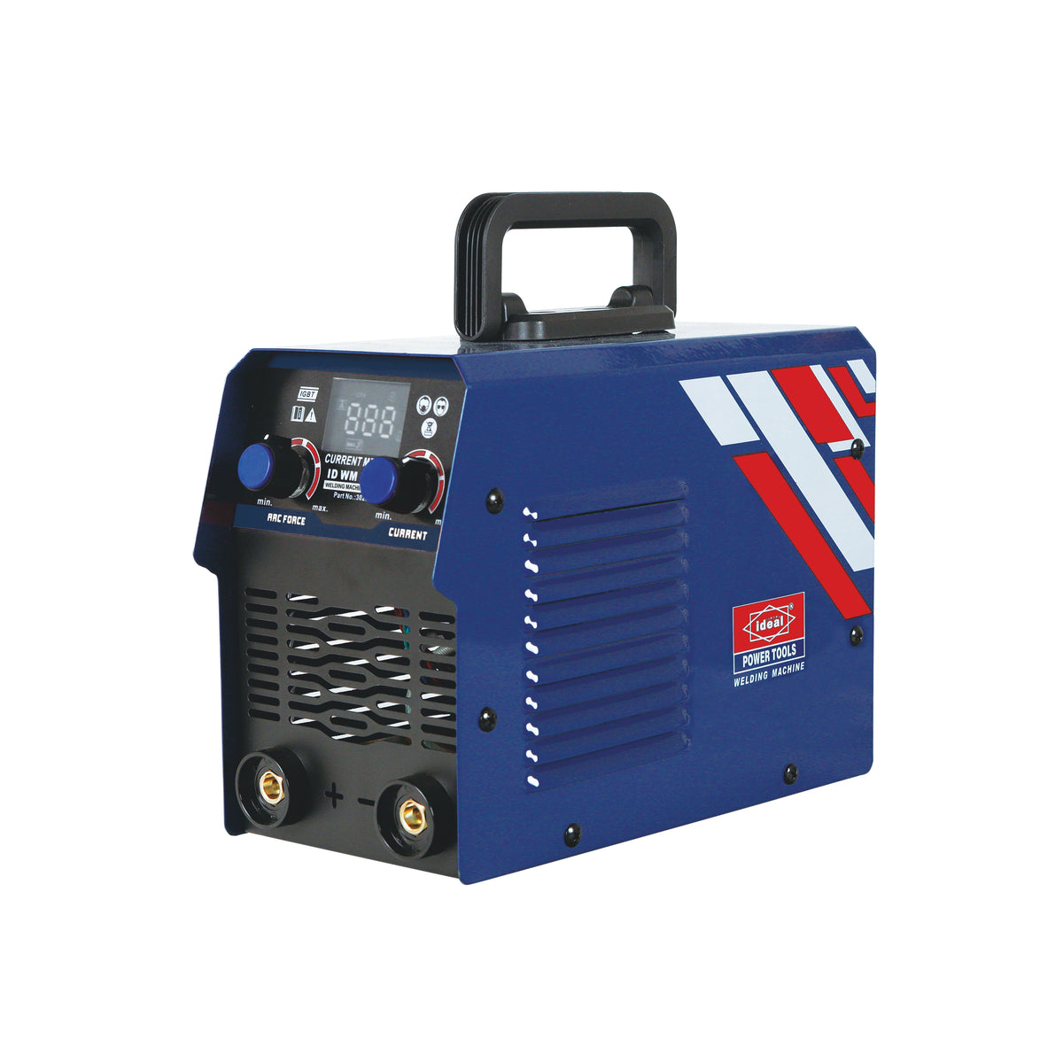 Blue welding machine with digital display on a white background
