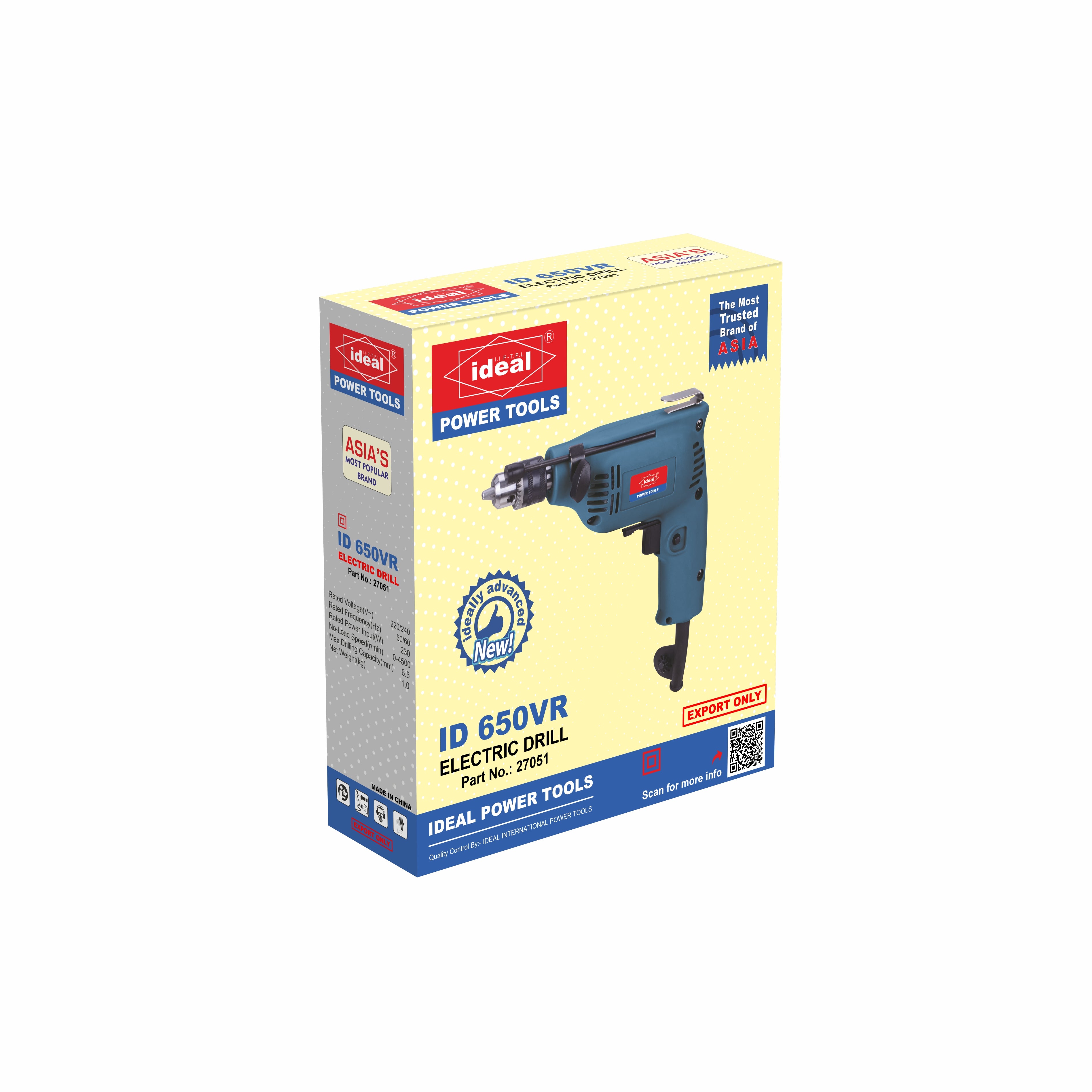 Box of Ideal Power Tools electric drill ID 650VR on a white background