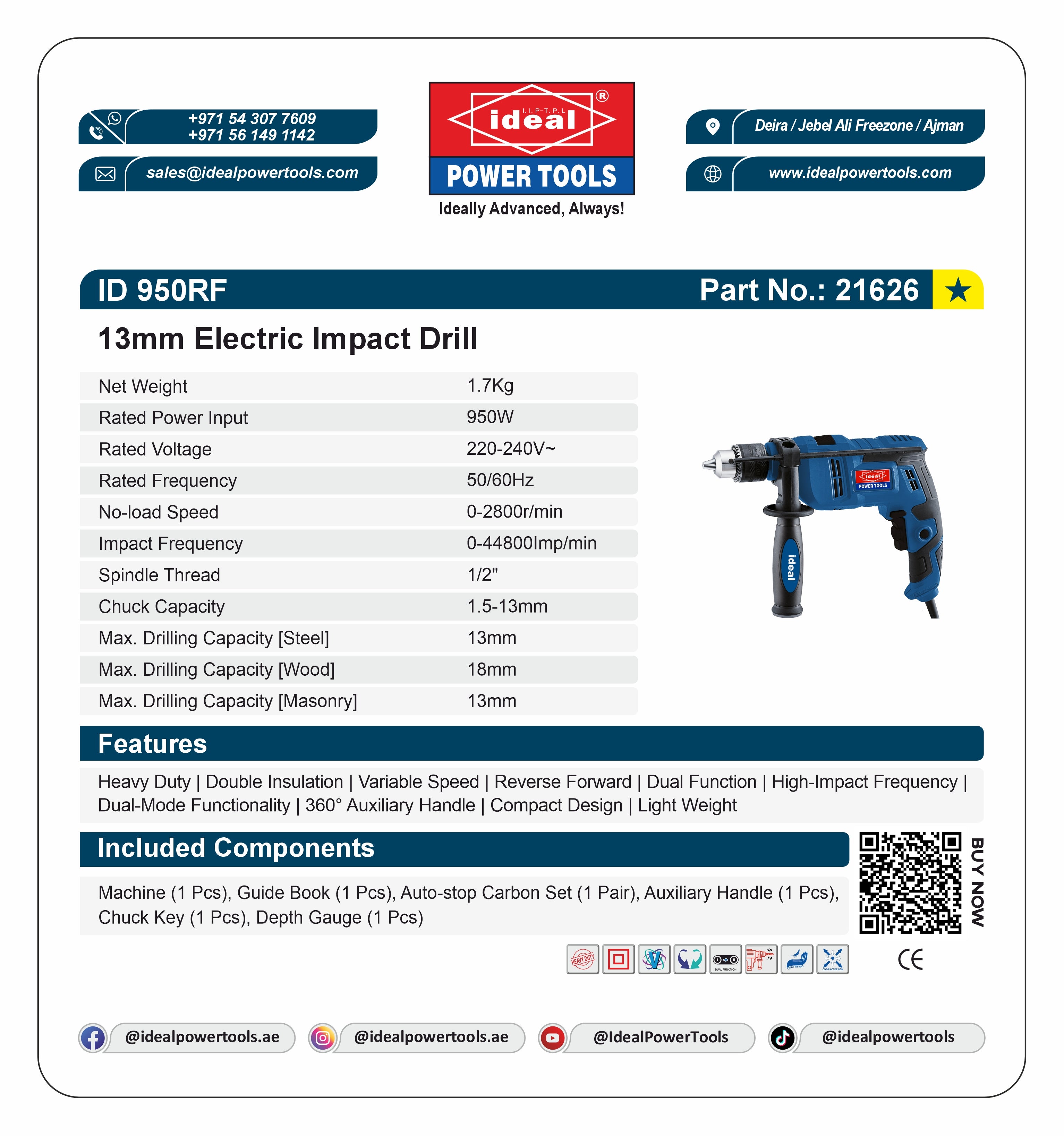 13mm Electric Impact Drill ID 950RF with specifications and branding on a white background