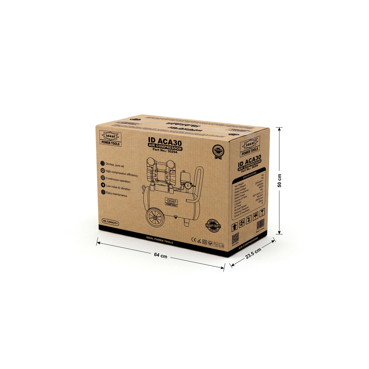 Cardboard box with product (IDACA30) illustration and dimensions on a white background