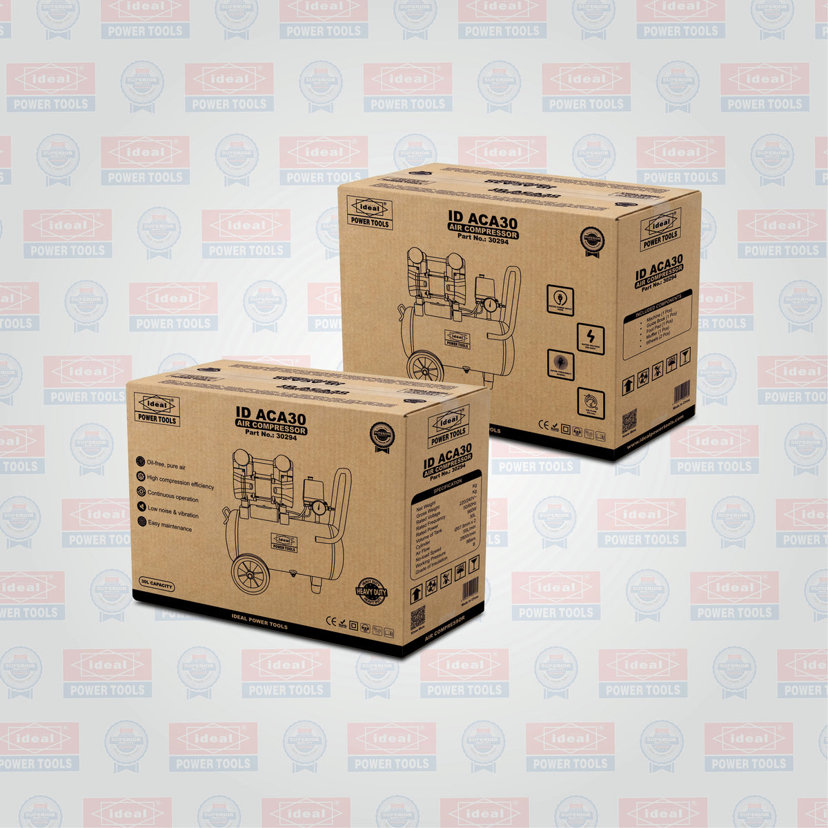 Two cardboard boxes with technical drawings and text on a branded background
