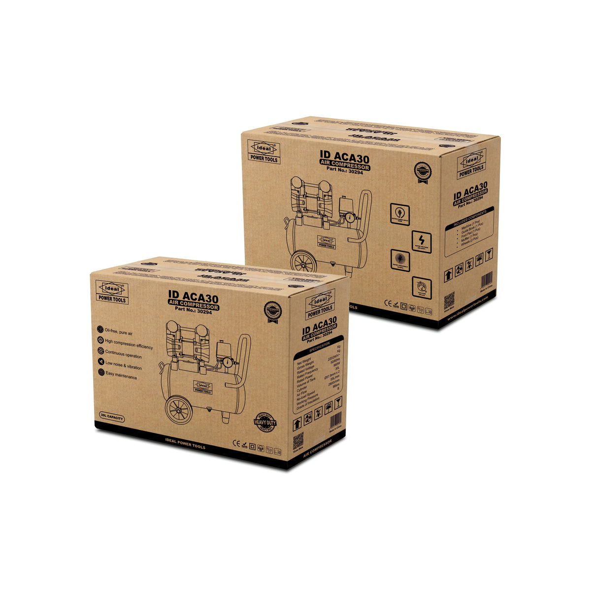Two cardboard boxes with product (ID ACA30) illustrations and text on a white background