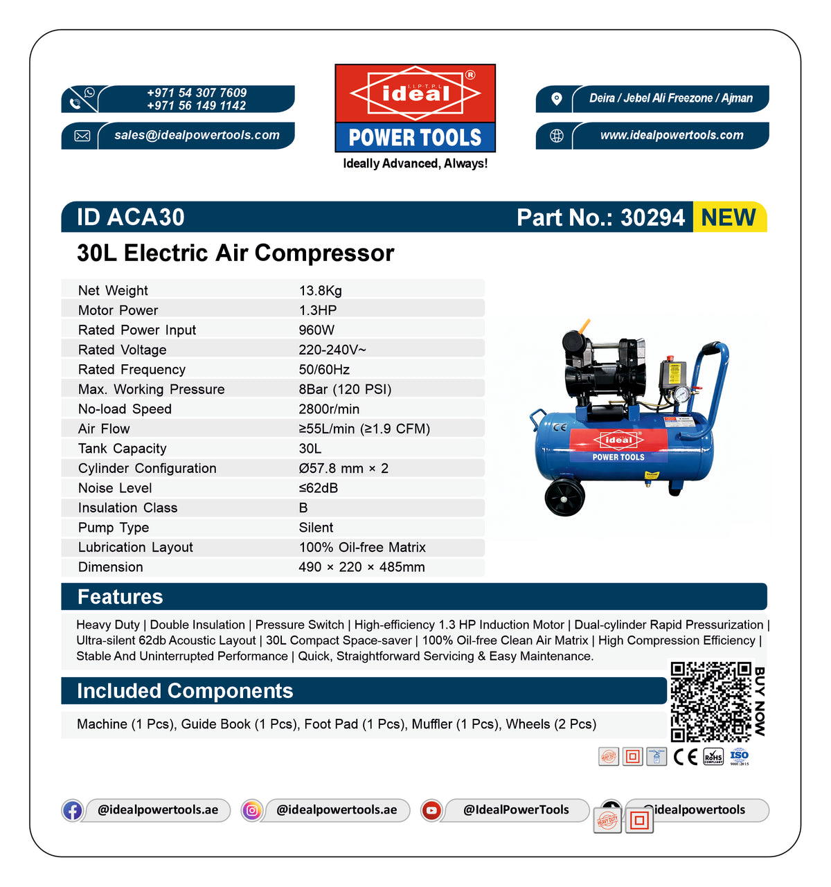 Product card of a 30L Electric Air Compressor with specifications and branding details.
