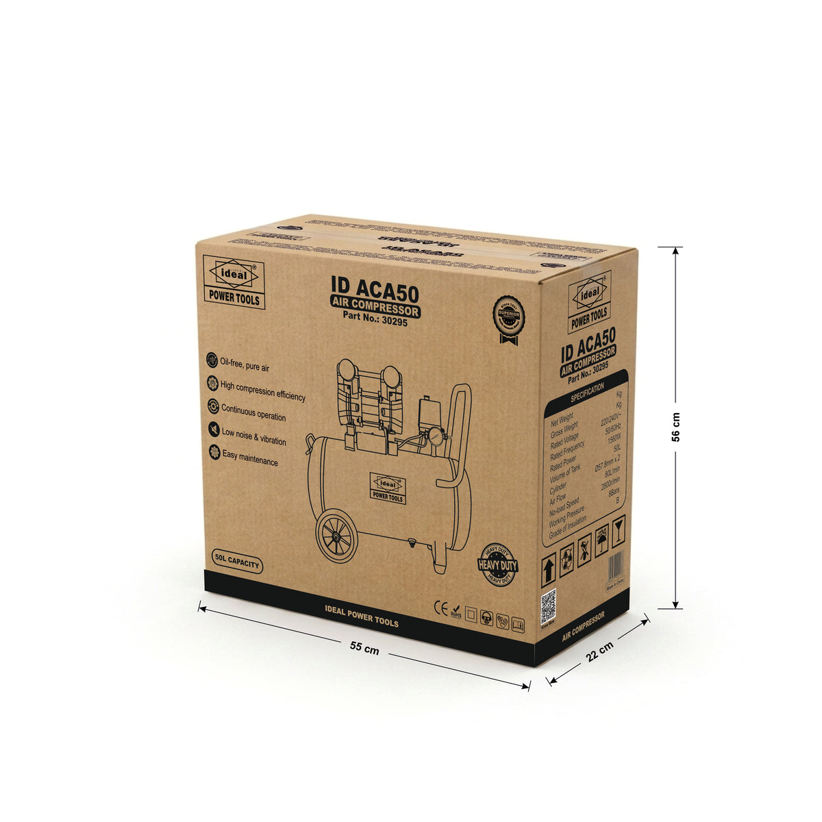 Cardboard box packaging of a power tool with dimensions on a white background