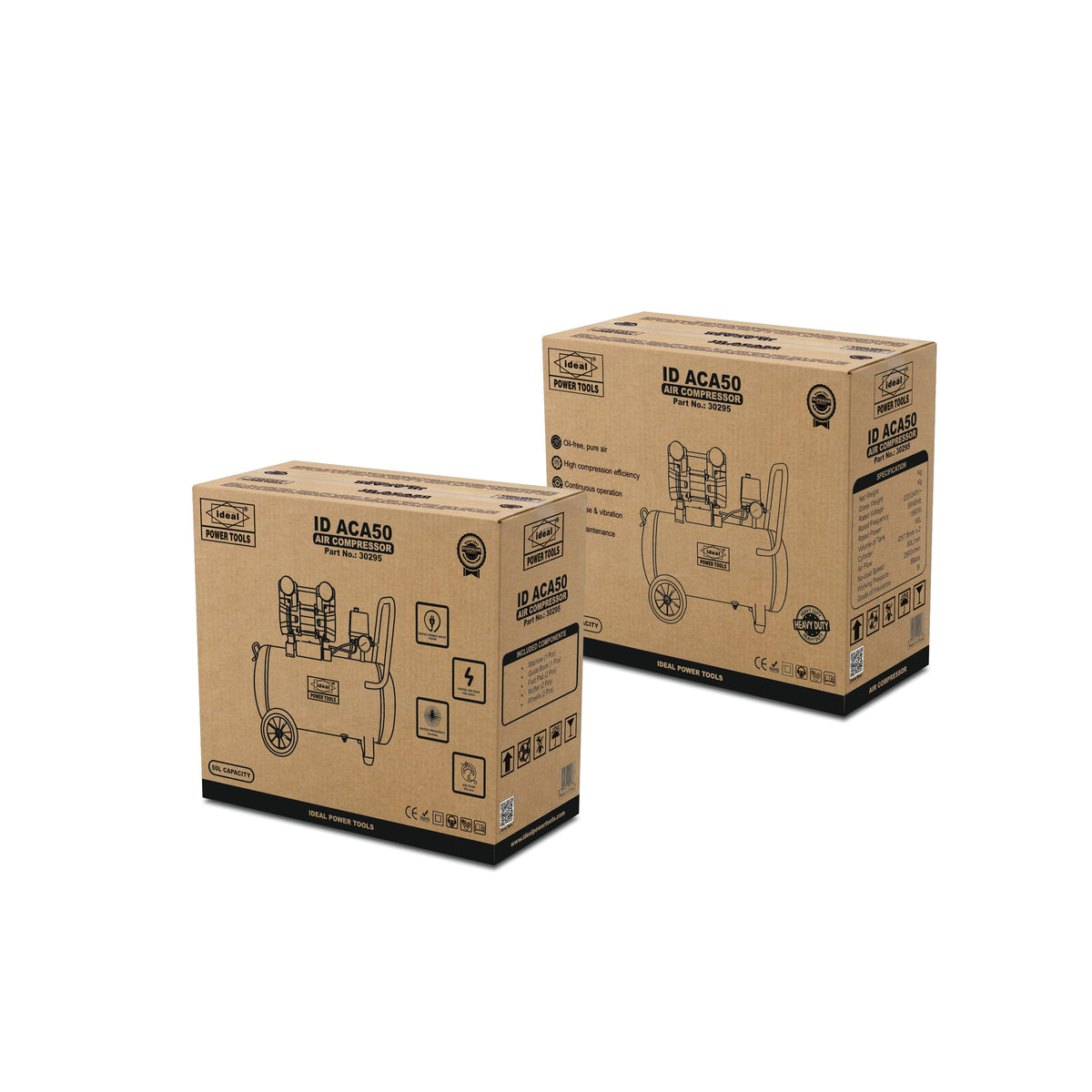 Two cardboard boxes with an air compressor illustration and text on a white background