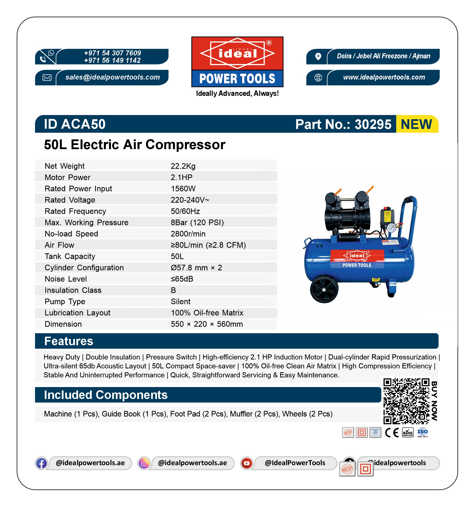 Silent Oil-Free Air Compressor 50L | Ideal ID ACA50