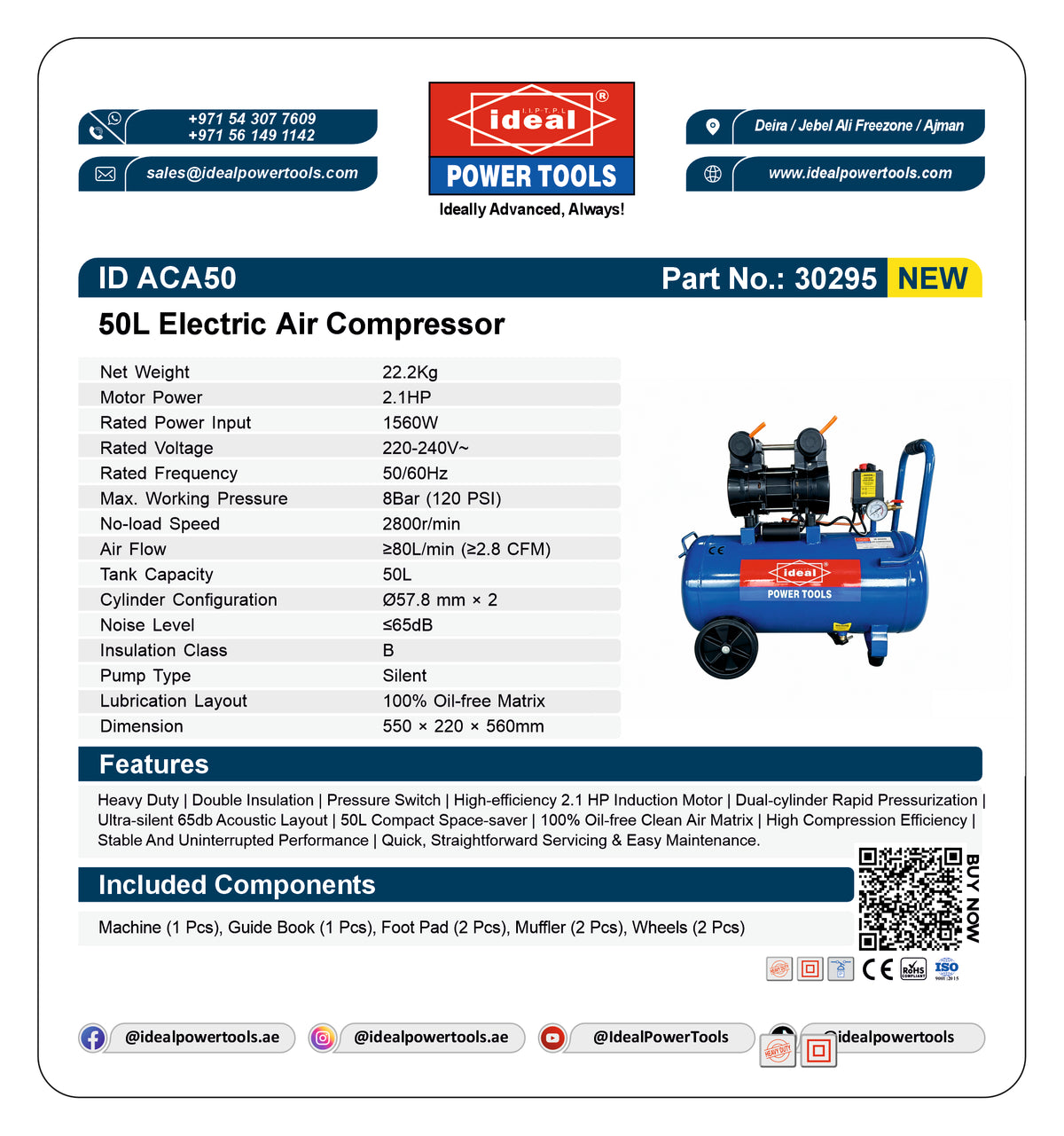 Product card of a 50L Electric Air Compressor with technical specifications and branding details.